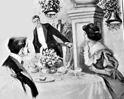 Engraving of diners at a restaurant table, with flower-covered horns hanging overhead
