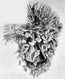 Engraving of a telephone receiver horn hidden in a hanging basket of leaves and flowers