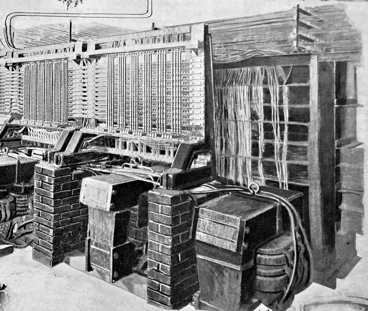 Engraving of the Telharmonium's long banks of transformers and wiring