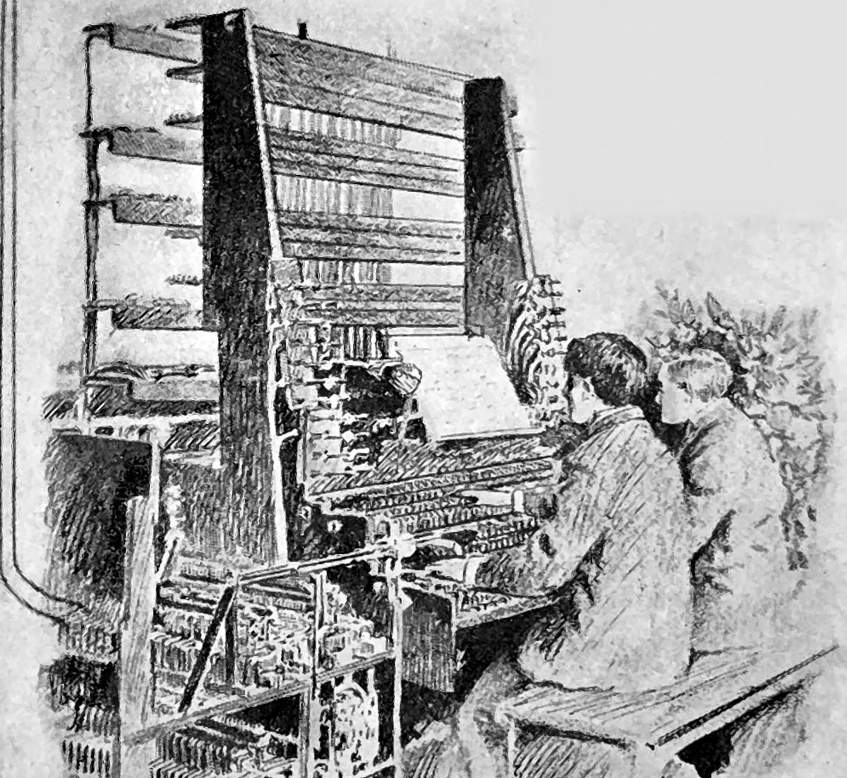 Engraving of two players seated side by side at the Telharmonium console