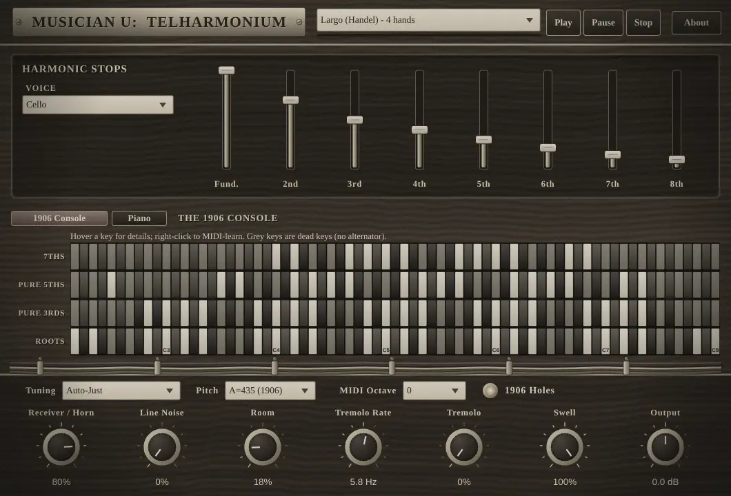 The Musician U: Telharmonium instrument: eight harmonic stops, the four-row 1906 console, and controls for the receiver and horn, line noise, room, tremolo and swell